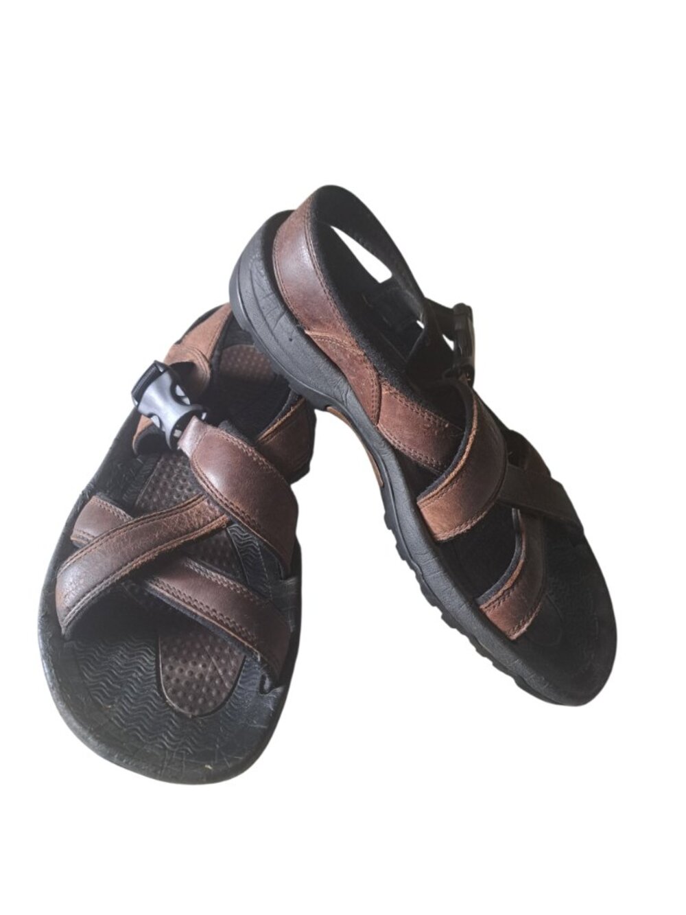 VTG pair Mens LANDS' END leather sandals brown buckle clasp worn summer beach 8